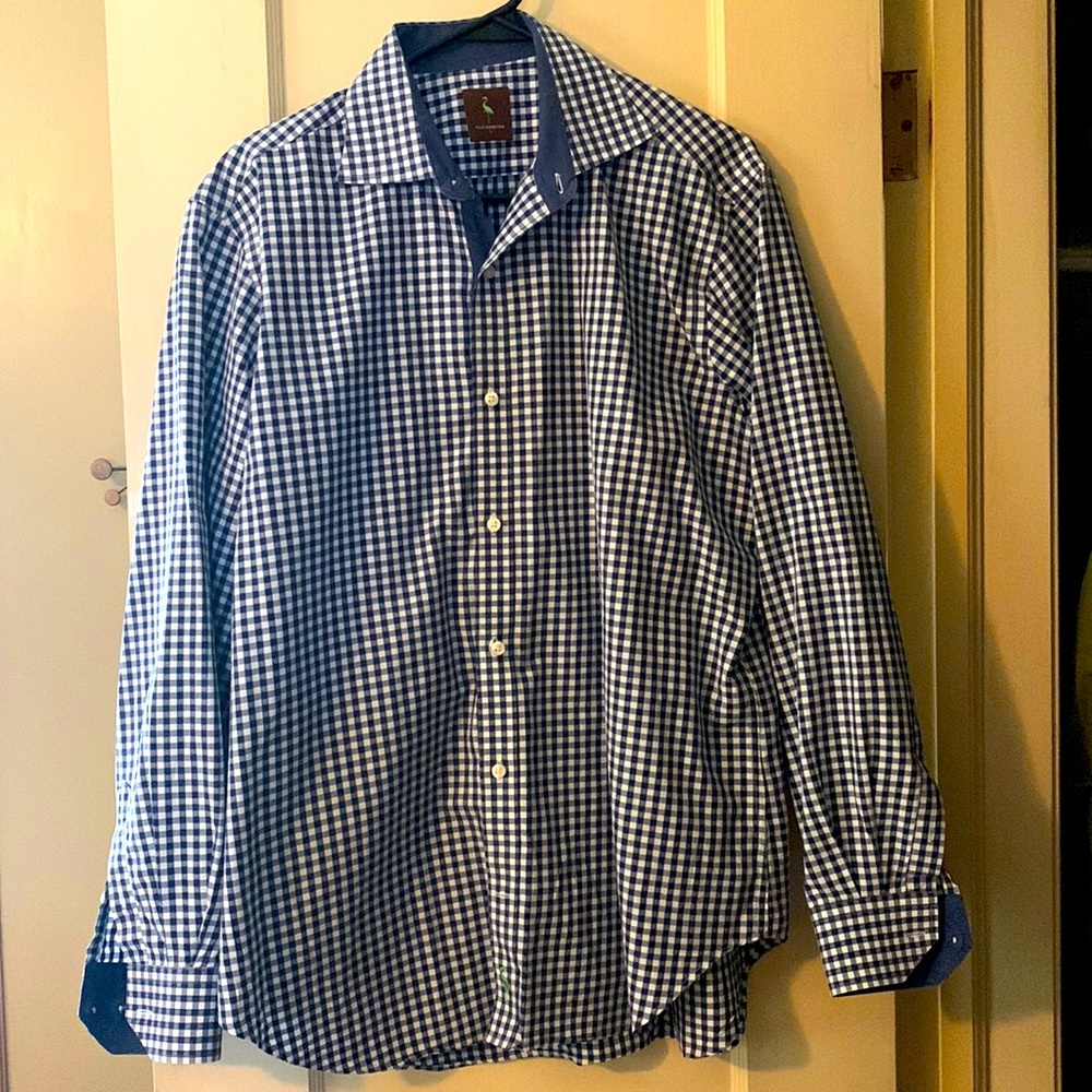 Mens blue plaid TailorByrd button down dress shirt, size L
